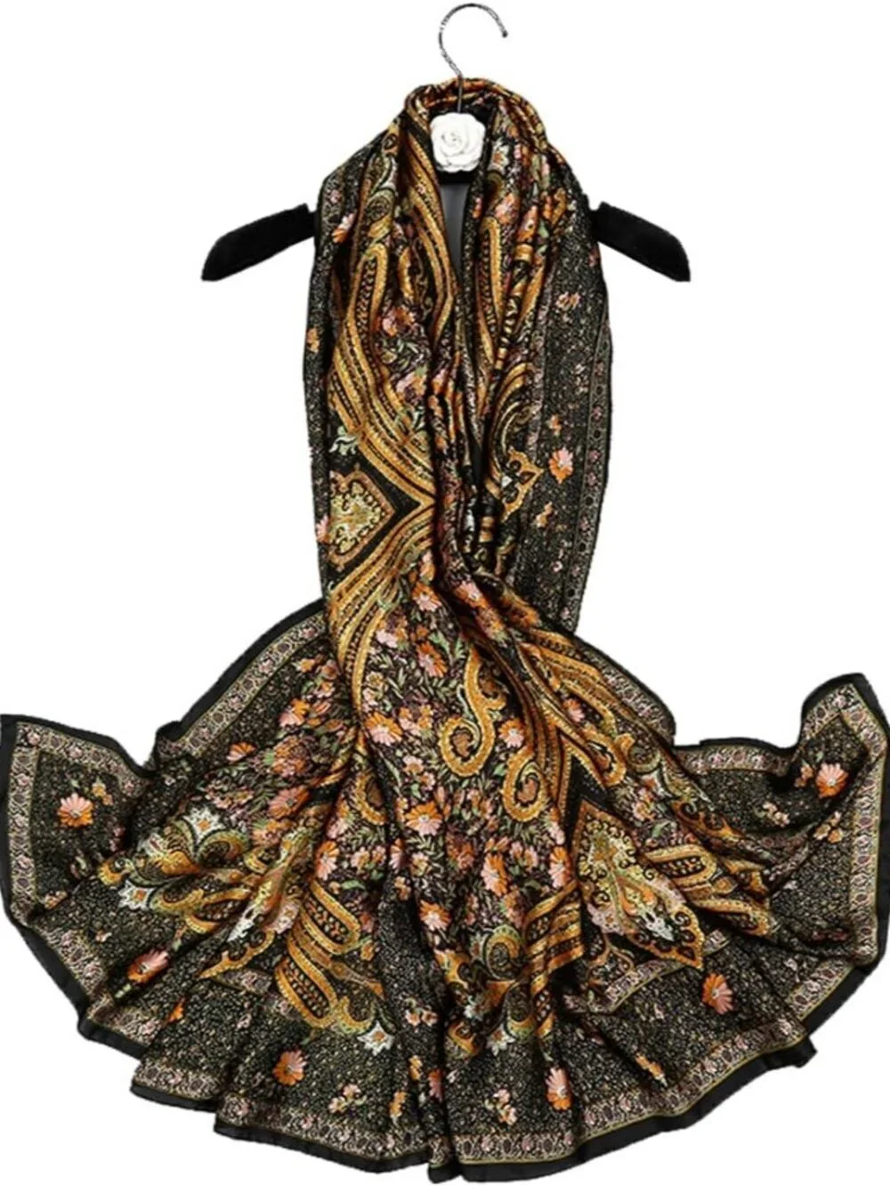 Women's Green Lightweight Silk Like Scarves Flower Print Head Cotton Wrap Scarf